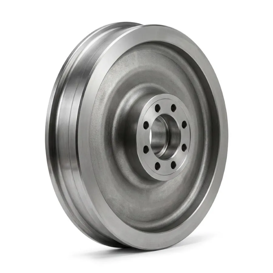Forged metro wheel with precision CNC machined tread and flange profile on a clean white background.