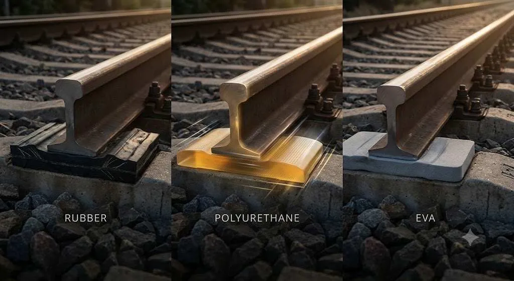 Materiali del cuscinetto del binario a confrontoi Gomma vs EVA vs poliuretano: quale è il migliorel pattino sotto la rotaia in acciaiohigomma nerano traslucido ambrato Three-panel comparison of railway tracks showing different rail pad materials under the steel rail: black rubber, translucent amber polyurethane, and light gray EVA.