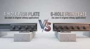 Comparaison côte à côte d'une assiette à poisson à 4 trous et d'une assiette à poisson à 6 trous, soulignant la différence dans la configuration des trous de boulons pour la sélection des éclisses ferroviaires.