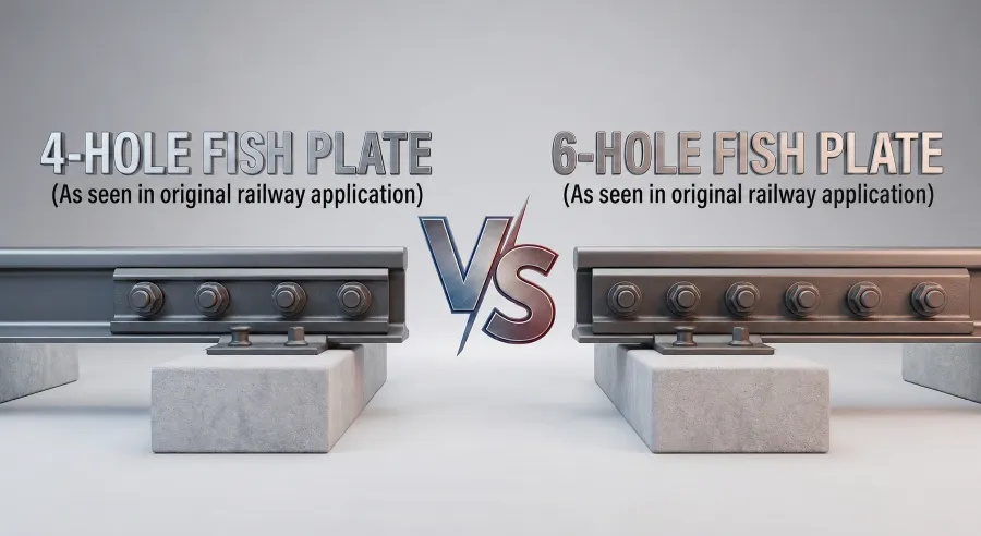 Side-by-side comparison of a 4-hole fish plate and a 6-hole fish plate, highlighting the difference in bolt hole configuration for railway fish plate selection.