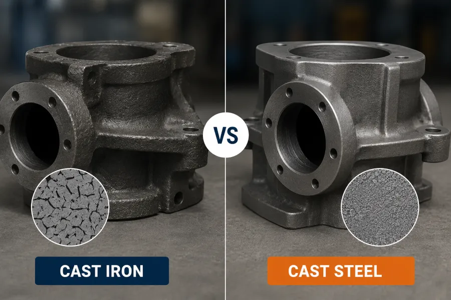 주철과 주강을 식별하는 방법이실제 차이점 설명 다이어그램탄소 함량골절 거동 Side-by-side comparison diagram showing cast iron and cast steel differences in microstructure, carbon content, fracture behavior, and mechanical properties for engineering applications.