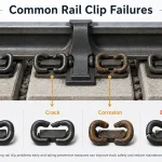 Infographic showing common rail clip failures on a railway track, including a new clip, fatigue crack, Korrosion, and broken clip.