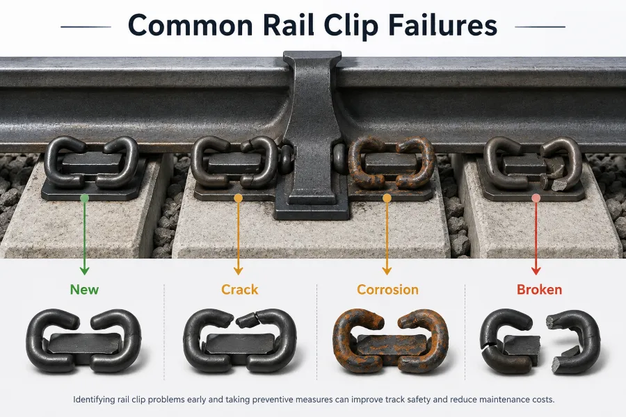 Infographic showing common rail clip failures on a railway track, including a new clip, fatigue crack, corrosion, and broken clip.