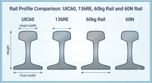 Rail profile comparison showing the cross sections of UIC60, 136RE, 60kg and 60N railway rails