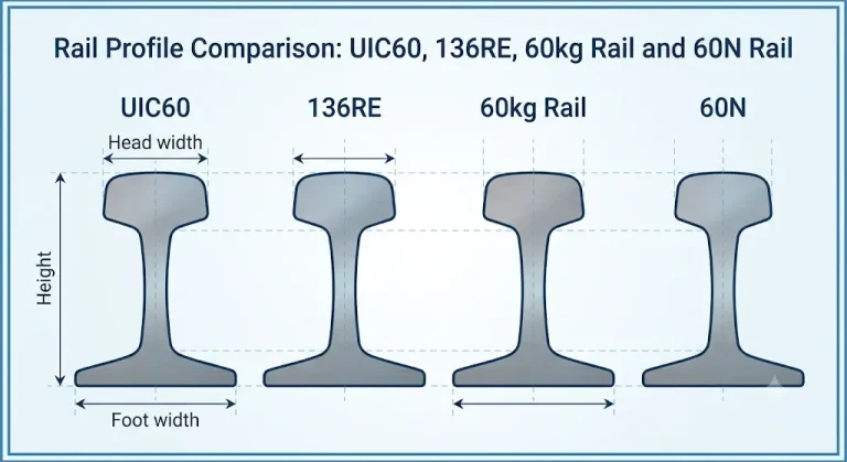 UIC60 vs 136RE Rail: What's the Difference? 1 Rail profile comparison showing the cross sections of UIC60, 136RE, 60kg and 60N railway rails
