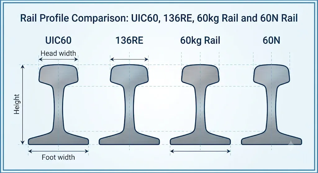 Rail profile comparison showing the cross sections of UIC60, 136RÉ, 60kg and 60N railway rails
