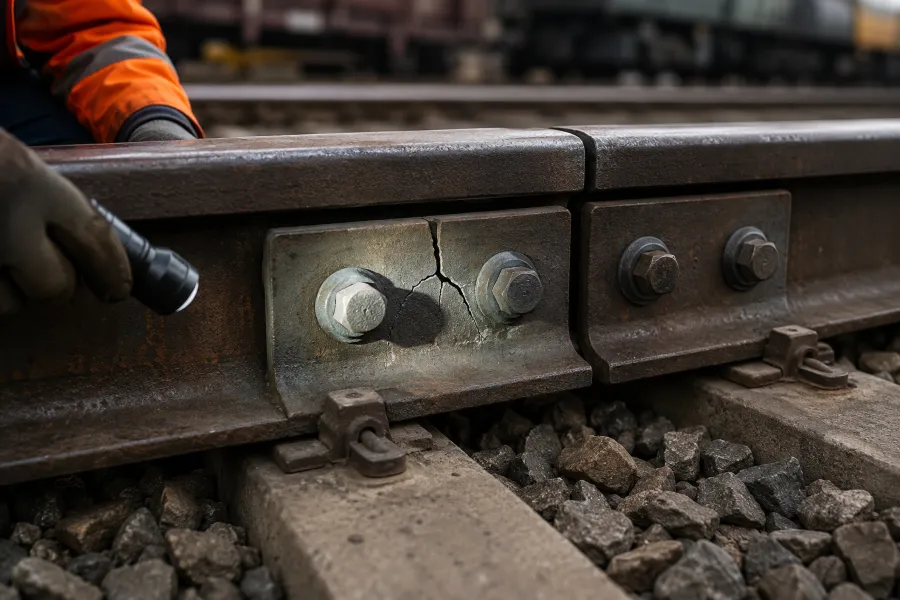 Close-up of a cracked railway fish plate at a bolted rail joint, showing a fatigue crack originating from the center bolt hole while a maintenance engineer inspects the joint.