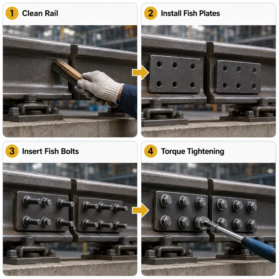 Four-step guide showing how to install crane rail fish plates, including rail cleaning, fish plate installation, fish bolt insertion, and torque tightening.
