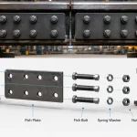 Engineering illustration showing a crane rail fish plate joint with fish plates, ברגי דגים, spring washers, and nuts installed on a crane rail in an industrial facility.