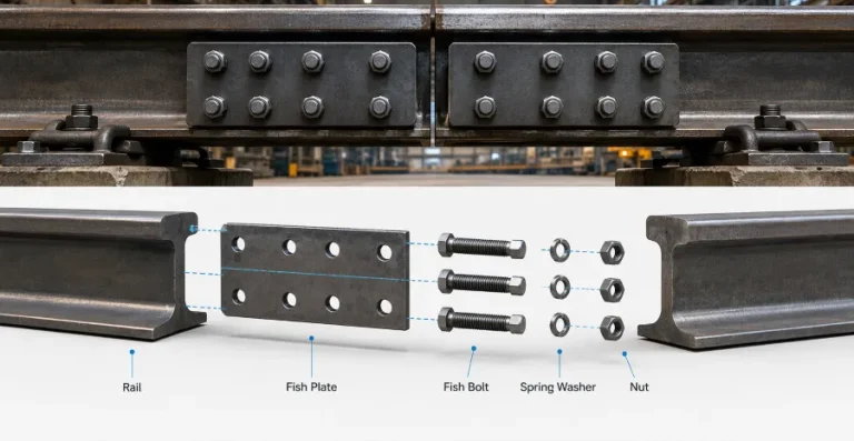 Engineering illustration showing a crane rail fish plate joint with fish plates, fish bolts, spring washers, and nuts installed on a crane rail in an industrial facility.
