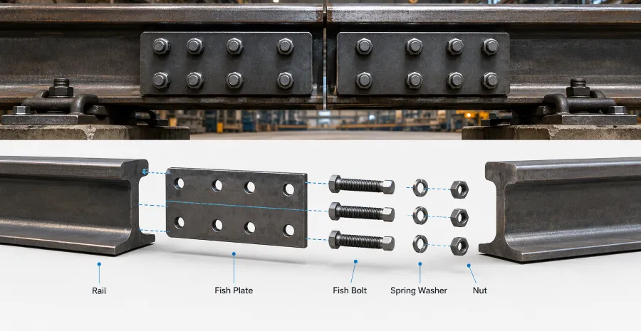 Engineering illustration showing a crane rail fish plate joint with fish plates, ברגי דגים, spring washers, and nuts installed on a crane rail in an industrial facility.