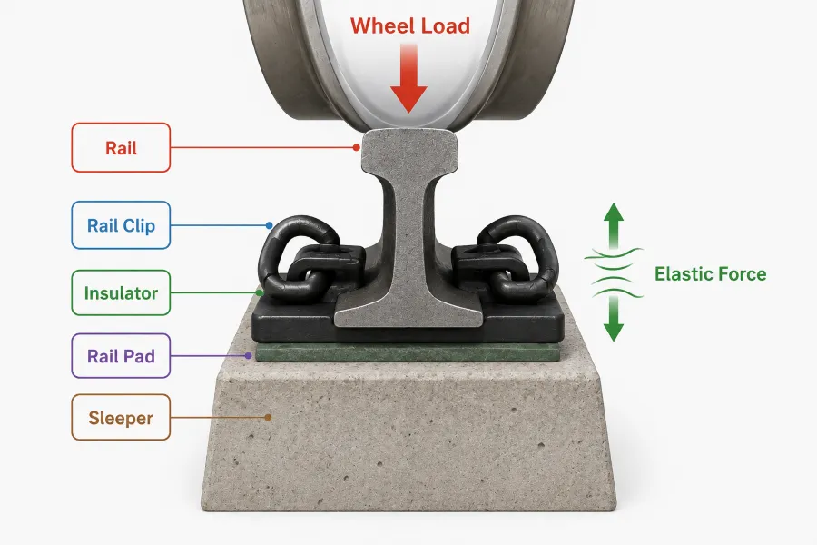 Diagram showing how an elastic rail clip secures the rail and transfers wheel load through the rail fastening system, including rail, insulator, rail pad and sleeper.