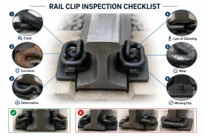 Rail clip inspection checklist showing common defects including cracks, corrosion, deformation, wear, loss of clamping force, and missing rail clips on a railway fastening system.