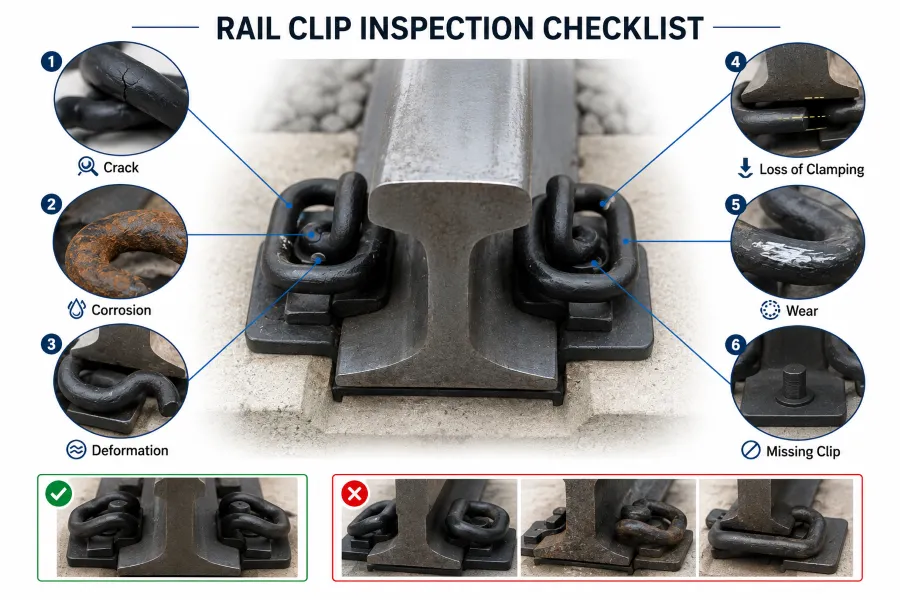 Liste de contrôle d'inspection des clips de rail montrant les défauts courants, y compris les fissures, corrosion, déformation, porter, perte de force de serrage, et clips de rail manquants sur un système de fixation ferroviaire.