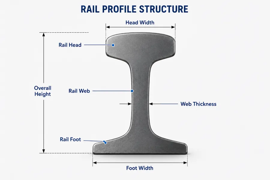 A clean technical diagram showing the cross-sectional shape of a railway rail, including the rail head, rail web, and rail foot.