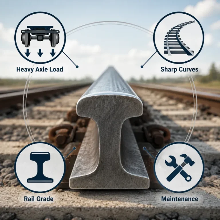 Infographic showing the four main factors affecting railway rail wear: heavy axle load, sharp curves, rail grade, and maintenance, centered around a railway rail.