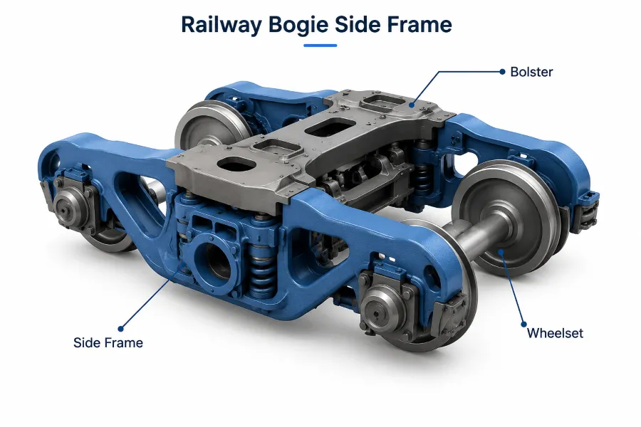 Dimensiones del marco lateral del ferrocarrilas Comprobaciones críticas para bogies ferroviarioso lateral.lwestructura de refuerzo y juego de ruedas Three-piece freight railway bogie showing the side frame, bolster and wheelset structure