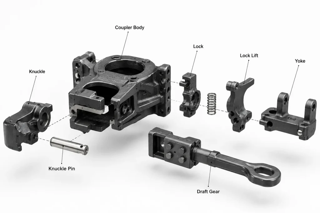 Exploded view of railway coupler components including coupler body, knuckle, yoke, and locking parts for heavy-duty rail vehicles