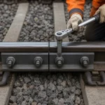 Worker installing a railway fish plate on a rail joint using a torque wrench to tighten fish bolts during railway track maintenance.