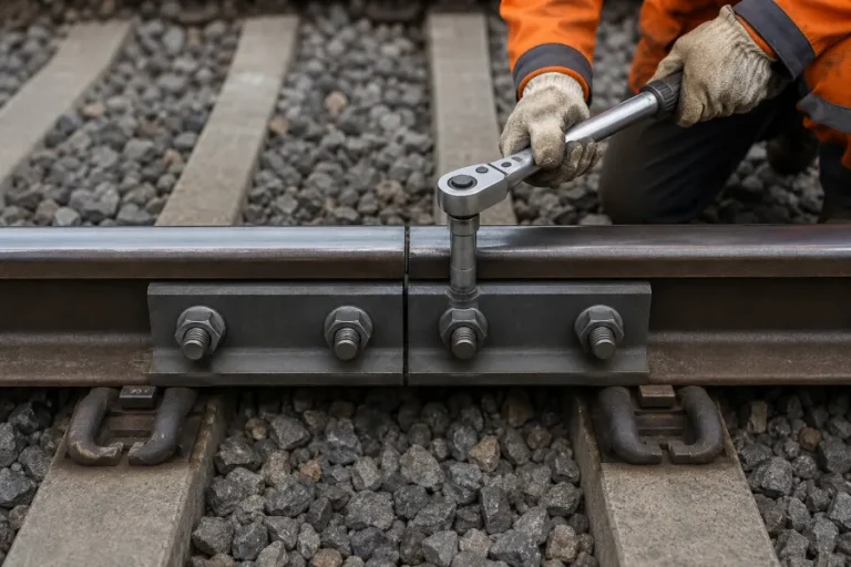 Worker installing a railway fish plate on a rail joint using a torque wrench to tighten fish bolts during railway track maintenance.