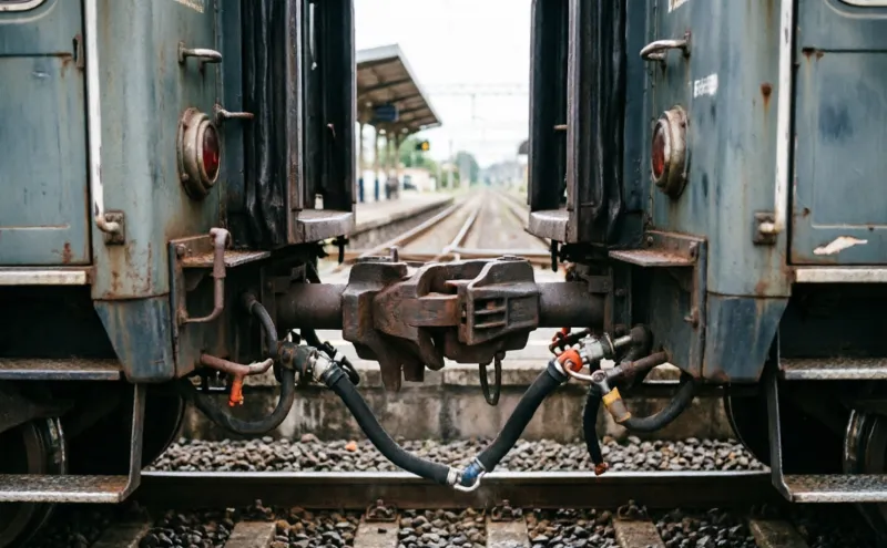 Two railway freight cars securely connected by an automatic coupler on a track, with visible buffer plates and the coupling mechanism engaged between the vehicles.