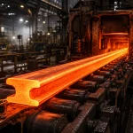 Hot rolled railway rail during manufacturing in a modern steel mill