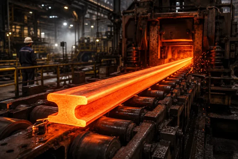 Hot rolled railway rail during manufacturing in a modern steel mill