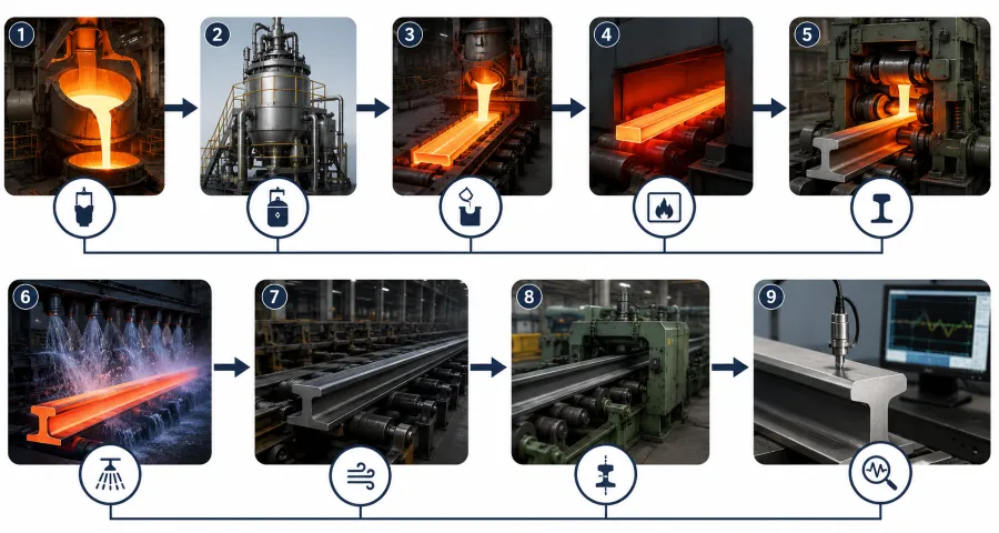 Flow chart illustrating the railway rail manufacturing process from steelmaking and continuous casting to rolling, 열처리, straightening, and final inspection.