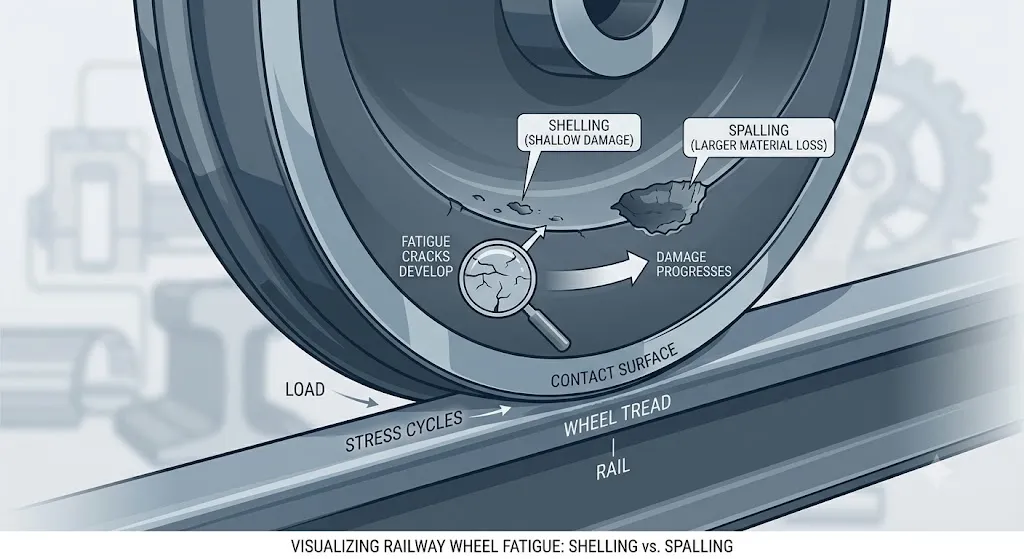 Railway wheel defects showing shelling and spalling caused by rolling contact fatigue