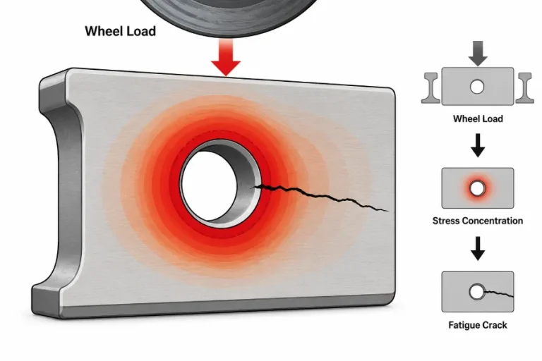 Engineering illustration showing stress concentration around a railway fish plate bolt hole, where cyclic wheel loads initiate a fatigue crack that propagates outward from the hole edge.