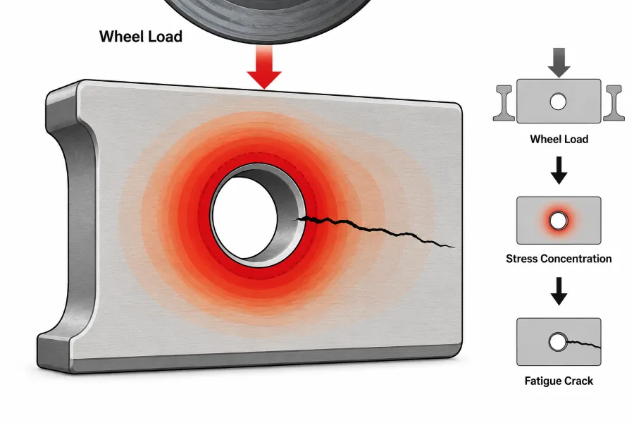 Engineering illustration showing stress concentration around a railway fish plate bolt hole, where cyclic wheel loads initiate a fatigue crack that propagates outward from the hole edge.