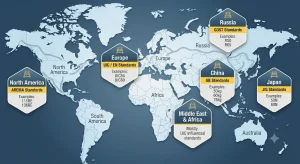 Worldwide railway rail standards map showing major rail standards including UIC, AREMA, GB, JIS and GOST used in different regions