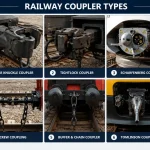 Comparison of different railway couplers types including AAR knuckle coupler, tightlock coupler, Scharfenberg coupler, screw coupling, buffer and chain coupler, and Tomlinson coupler