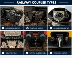 Comparison of different railway couplers types including AAR knuckle coupler, tightlock coupler, Scharfenberg coupler, screw coupling, buffer and chain coupler, and Tomlinson coupler