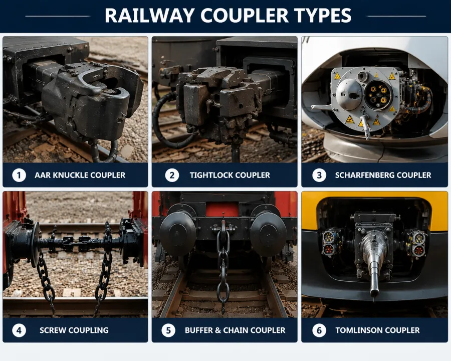 Comparison of different railway couplers types including AAR knuckle coupler, tightlock coupler, Scharfenberg coupler, screw coupling, buffer and chain coupler, and Tomlinson coupler