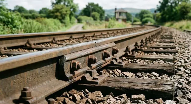 Eine hochbelastbare Eisenbahnlasche aus Stahl, die zwei Bahngleise auf einem Schotterbett aus Stein miteinander verschraubt, Präsentation des historischen mechanischen Gelenkdesigns.