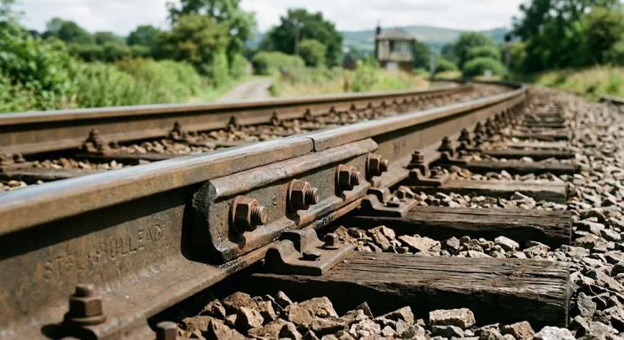 A heavy-duty steel railway fish plate bolting two train tracks together on a stone ballast bed, showcasing the historical mechanical joint design.