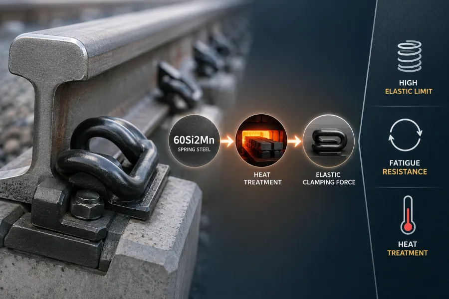 Por que 60Si2Mn é usado para clipes ferroviáriosMn instalado em um sistema de fixação ferroviáriademostrando a relação entre o aço da mola 60Si2Mn elastic rail clip installed in a railway fastening system, showing the relationship between spring steel, heat treatment and elastic clamping force