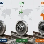 Infographic comparing AAR, EN and UIC railway wheel standards, showing the primary regions where each standard is commonly applied for railway wheel manufacturing and procurement.