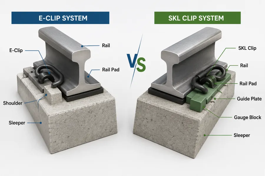 E-Clip vs SKL Clip: Which Is Better for Your Railway? 1 E-clip vs SKL clip railway fastening systems comparison