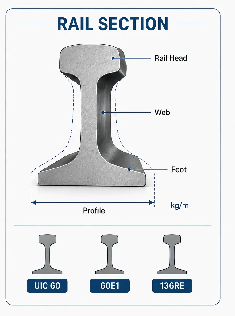 Railway Rail Specifications: What Buyers Should Check Before Ordering 2 Rail section profile showing rail head, web, foot, profile and standard sizes such as UIC 60, 60E1 and 136RE