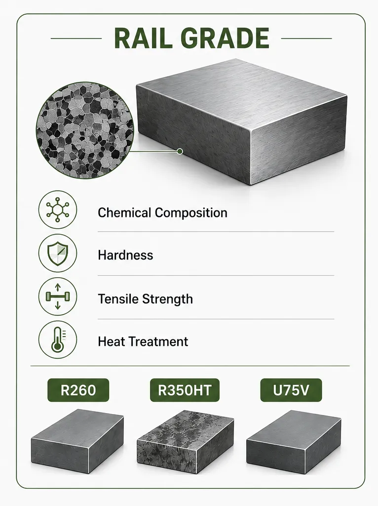 Railway Rail Specifications: What Buyers Should Check Before Ordering 3 Rail steel grade showing chemical composition, hardness, tensile strength and heat treatment for R260, R350HT and U75V