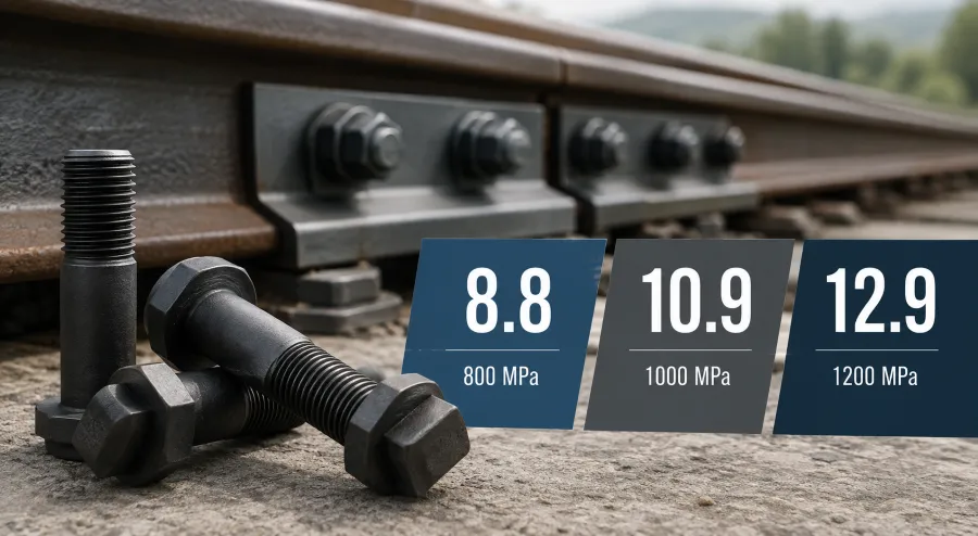 Railway bolts showing ISO property classes 8.8, 10.9 and 12.9 with 800, 1000 and 1200 MPa tensile strength