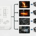 Railway component drawing showing dimensions, التسامح, material and geometry with casting, تزوير, fabrication and machining routes