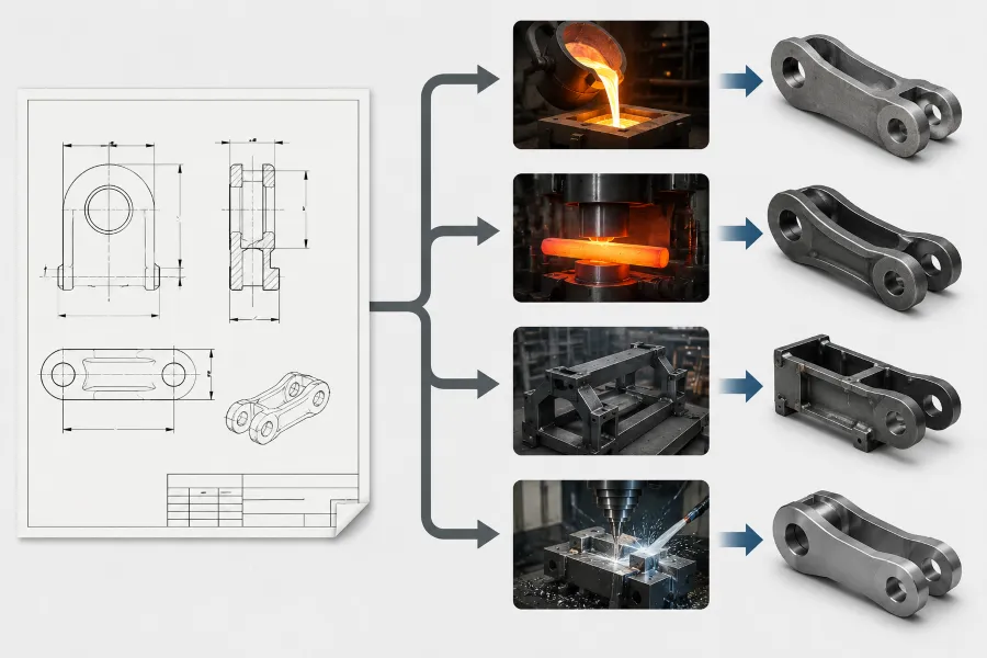 Comment choisir le bon processus de fabrication pour un composant ferroviaireranceswamatériau et géométrie avec fonderiecaforger d'usinage Railway component drawing showing dimensions, tolerances, material and geometry with casting, forging, fabrication and machining routes