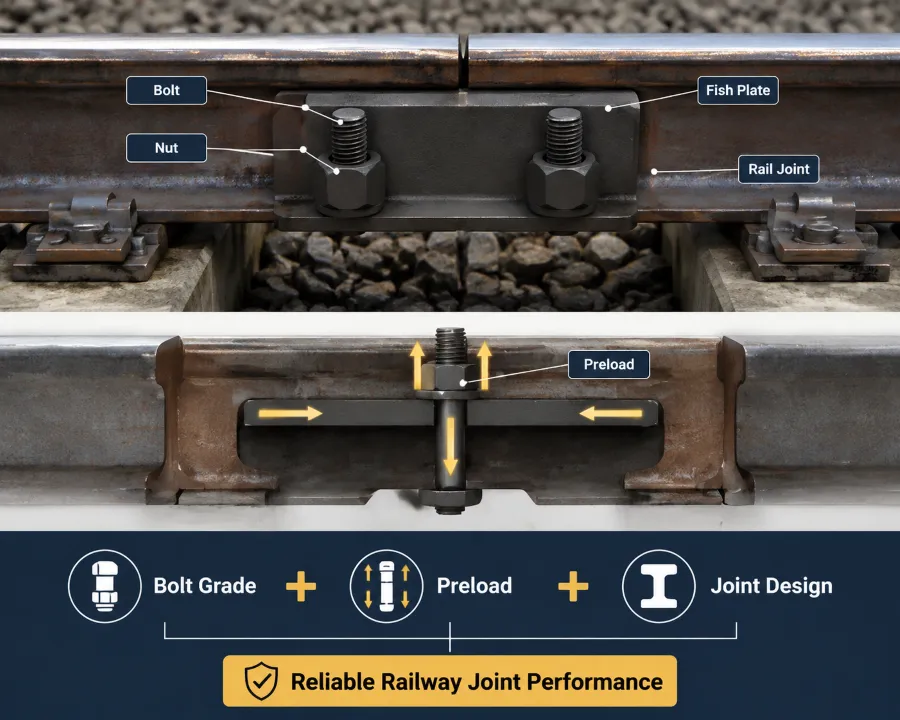 Railway fish bolt joint assembly showing rail joint, fish plate, bolt, nut and preload force