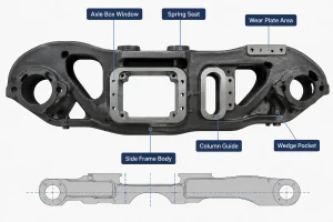 Diagrama de la estructura del marco lateral del ferrocarril que muestra la ventana de la caja de grasa, asiento de resorte, guía de columna, área de la placa de desgaste, bolsillo tipo cuña y cuerpo del marco lateral