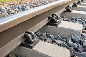 Modernes Gleisbefestigungssystem inklusive elastischer Schienenklemmen, Schienenunterlagen und Betonschwellen