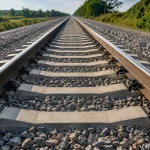 Gleisinstandhaltung auf einer modernen Bahnstrecke mit Schienen, Betonschwellen, Ballastierung und Befestigungssystem vor der geplanten Inspektion überprüfen