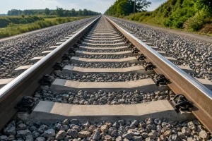 Gleisinstandhaltung auf einer modernen Bahnstrecke mit Schienen, Betonschwellen, Ballastierung und Befestigungssystem vor der geplanten Inspektion überprüfen